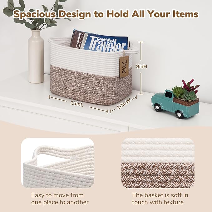 Goodpick Small Woven Storage Basket, Rectangle, Brown | 13 × 10 × 9 in, Cotton Rope, Reinforced Handles, Shelf Bedroom & Living Room Organization, Nursery Essentials & Home Decor