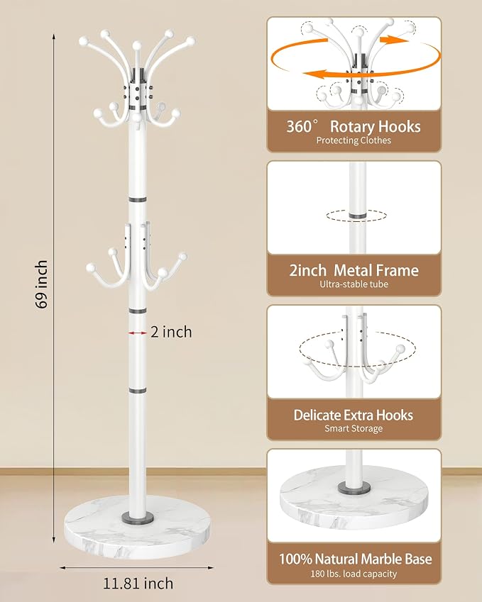 EZIVIEZ Modern Coat Rack Stand, 360° Rotary Metal Freestanding Coat Rack with Natural Marble Base, Black Coat Racks and Coat Hanger Tree Jacket Stand with 14 Hooks for Office, Entryway, Hallway
