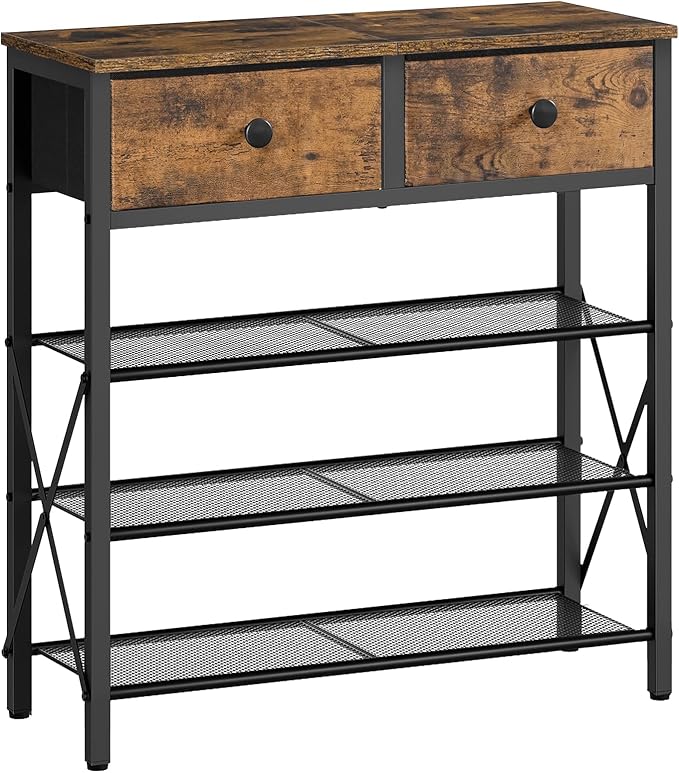 4 Tier Shoe Rack, Large Capacity Shoe Storage Organizer, Metal Shoe Shelf with Drawer and Wooden Top, for 16 Pairs of Shoes, for Entryway, Closet, Rustic Brown and Black SS24BR