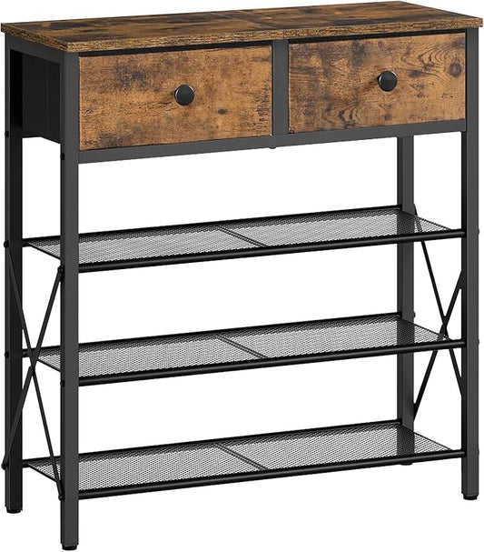4 Tier Shoe Rack, Large Capacity Shoe Storage Organizer, Metal Shoe Shelf with Drawer and Wooden Top, for 16 Pairs of Shoes, for Entryway, Closet, Rustic Brown and Black SS24BR