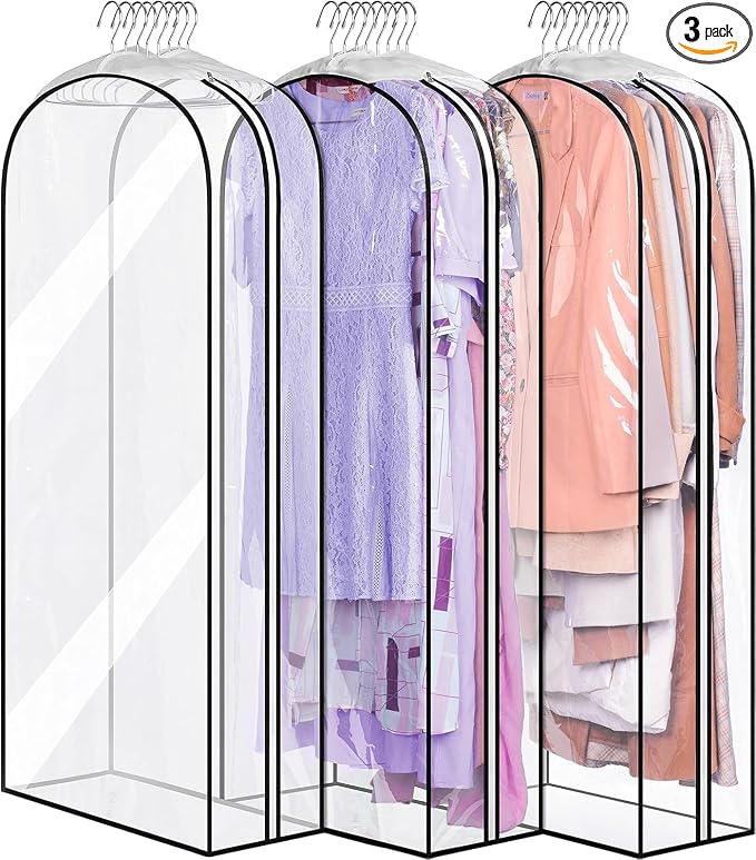 MISSLO 10" Gusseted All Clear Garment Bags for Hanging Clothes 50" Dress Bags for Closet Storage Coat Protectors for Suits, Gowns, 3 Packs