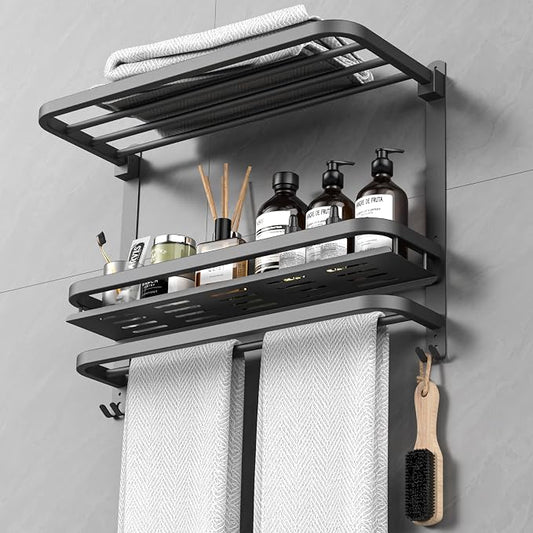 CAXIMSY 22.8Inch Towel Rack for Bathroom and Lavatory Towel Hanger with Wall Mount Towel Bars 304 Stainless Steel No Drill (Collapsible Black Towel Rack with Bathroom Organize Shower Shelves)