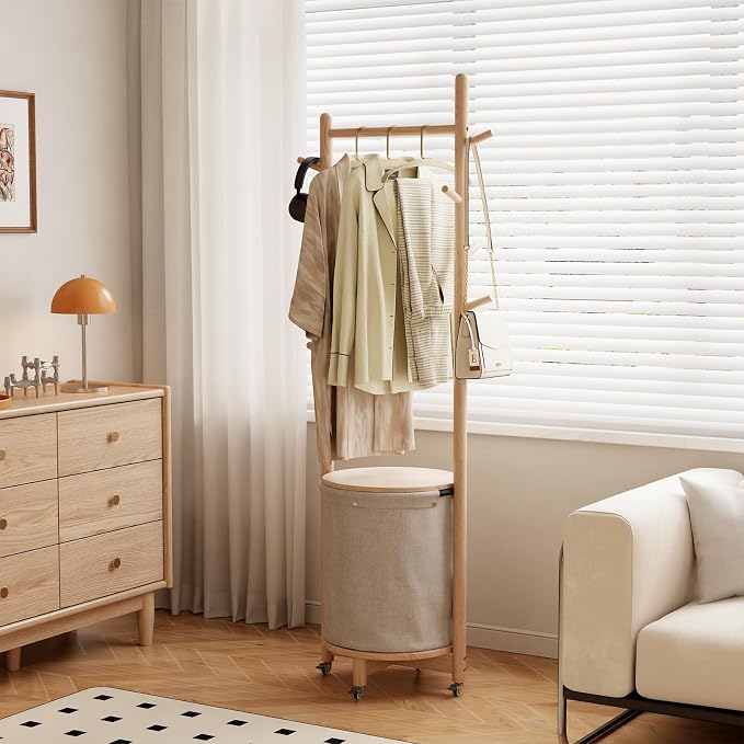 CycleCrew Solid Wood Coat Rack with Fabric Basket - Freestanding Coat Rack Rolling Coat Tree with 9 Hooks Wheels, Small Clothes Rack For Entryway Bedroom Hallway Living Room
