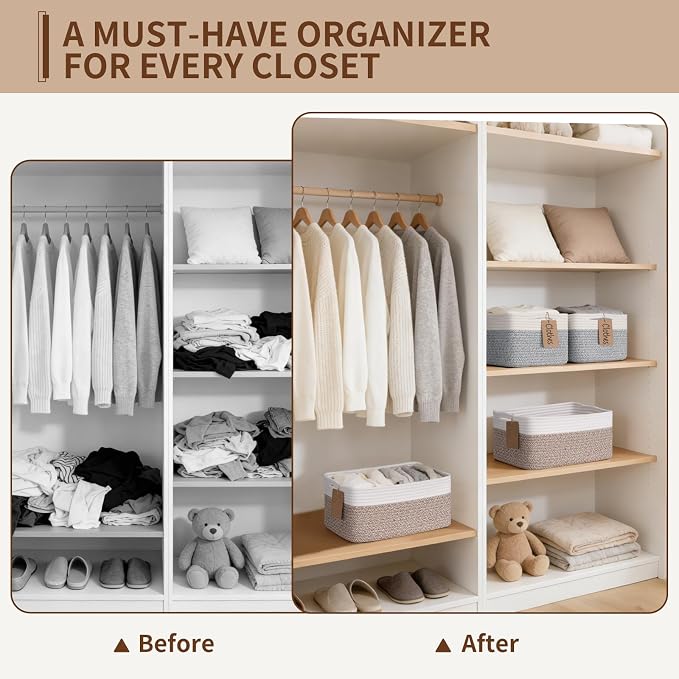 Goodpick 4 Pack Woven Storage Baskets with Handles, Gray & White | 13" x 8" x 6", Rectangle Design, Shelf & Closet Organization, Nursery Essentials, Baby Toys, Books & Home Storage