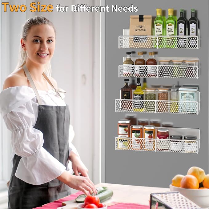 DTUQYX Magnetic Spice Rack for Refrigerator, 4 Pack 100% Metal Strong Magnet Fridge Shelves, Space Saving Spice Organizer, No Drilling Moveable Home Kitchen Laundry Room Storage Organization, White