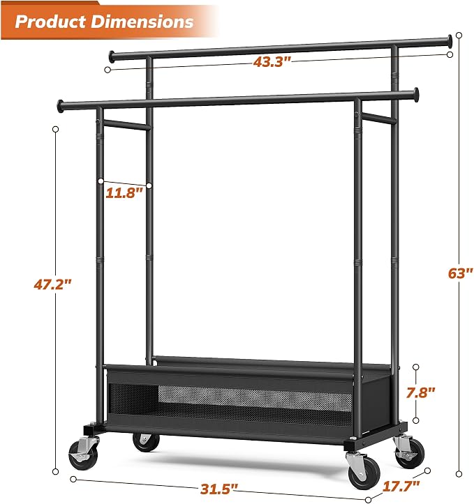 Clothes Rack 210 LBS Double Rods Extra Storage Basket | Rustproof Coated Steel, Anti-bending Design, 360° Sturdy Wheels, 10-Min Tool-Free Assembly, Metal Garment Rack for Home
