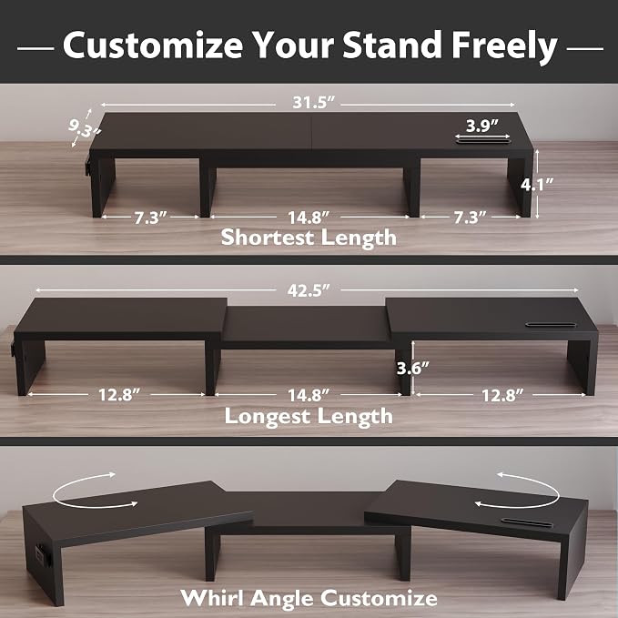 BONTEC Dual Monitor Stand Riser, Adjustable Length & Swivel Angle, Black | Ergonomic Wooden Desktop Organizer with Smartphone Holder, Computer Monitor Stand for PC, Laptop, Printer and Large Storage