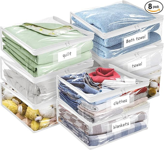 Kikerike Plastic Storage Bags with Easy-Glide Zipper, Pack of 8, Durable Clear Vinyl Zippered Storage Bags for Clothes Sweaters Comforters Blankets Sheets Bedding (15.7 x 13.8 x 3.9 Inch, White)