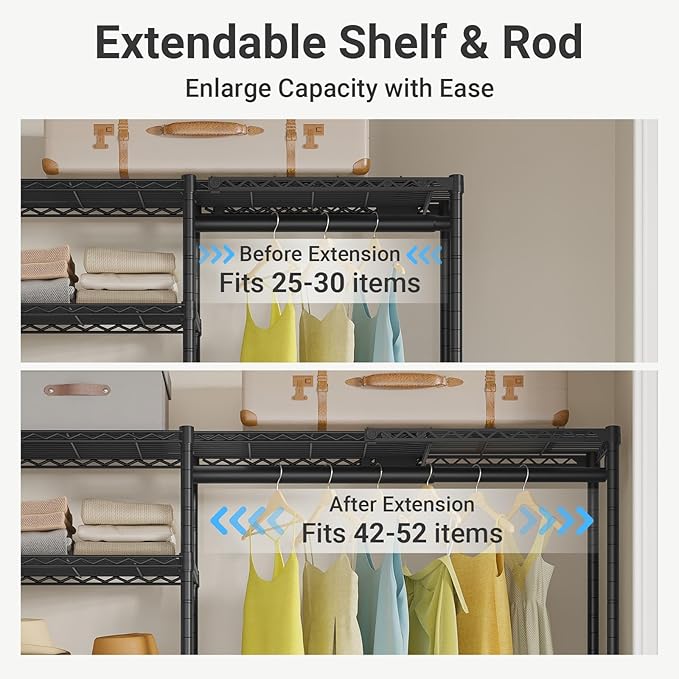 VIPEK X2 Plus Expandable Heavy Duty Clothes Rack, Closet System Black | Portable Reach-in & Walk-in Closet Rack with Adjustable Shelves and Hanger Rods 3'9"-5'2", Clothing Rack for Hanging Clothes