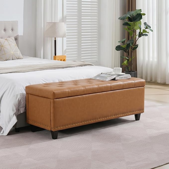 Tbfit 50.8" Large Storage Ottoman Bench with Button-Tufted Top, Blue PU Faux Leather End of Bed Chest with Safety Hinge and Rivets for Bedroom, Living Room (Camel PU)