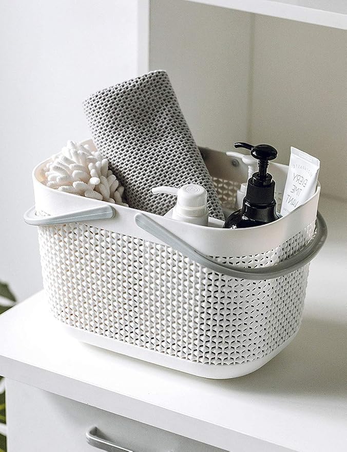 Plastic Portable Shower Caddy Basket, Storage Organizer, White, 3Pack | Bottom Drain Holes, Keep Dry, Sturdy and Durable, Easy to Carry for Bathroom, Kitchen, Dorm Room, RV, College