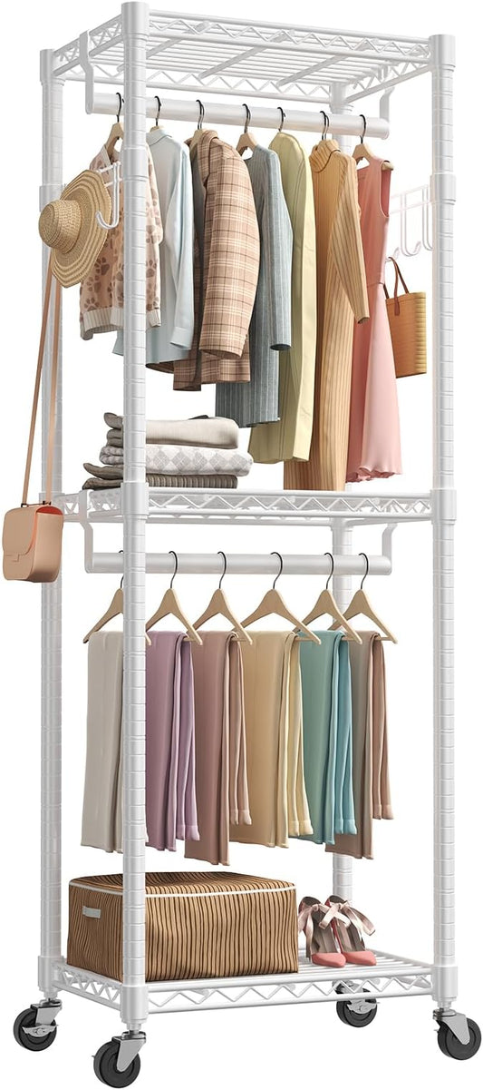 OLIXIS Clothes Rack Heavy Duty Adjustable Garment Clothing Rack with Wheels, Rolling Metal Freestanding Closet Organizer for Hanging Clothes with 2 Side Hooks, Double Rods, 23" x 15" x 75", White