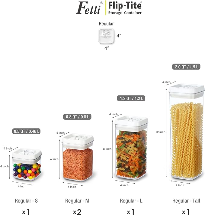 Felli Flip Tite Storage Container with Lid 4" Airtight Ring Seal Top, Stackable Acrylic Canister Jar Set for Kitchen Pantry Organizer, Food Spice Pasta Snack (5pk, Variety)