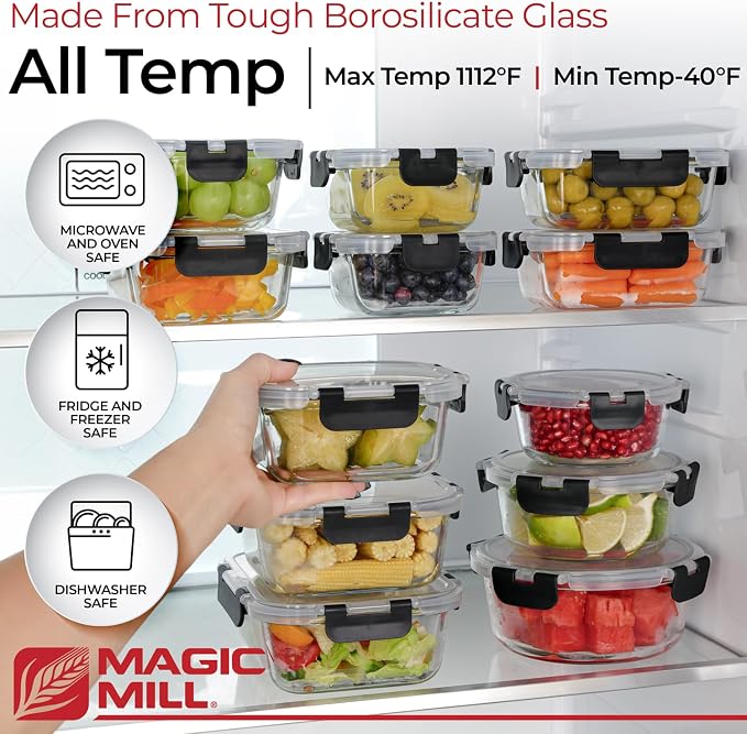 Magic Mill Premium Borosilicate Glass Food Storage Containers with lids Set | 24pc Sets with 12 Bowls & 12 Airtight Locking Lids for Lunch & Meal Prep, Safe for Oven, Freezer, Dishwasher, BPA-Free