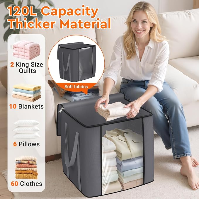 TasticTotes 120L Extra Large Blanket Clothes Storage Bags, Black, 4 Pack | Foldable Blanket Storage and Organization, Thick Fabric Containers with Reinforced Handles & Zippers for Comforters, Bedding