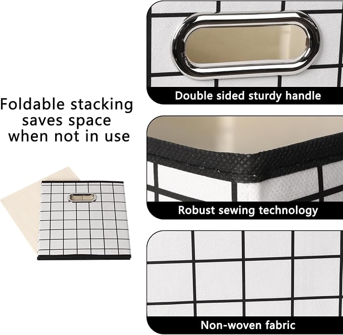 Yunkeeeper storage bins Cubes, Fabric Cube Organizer with Handle, Foldable Cube Bins for Cloth or Accessary Storage, 11x11x11, Set of 6, (White grid)