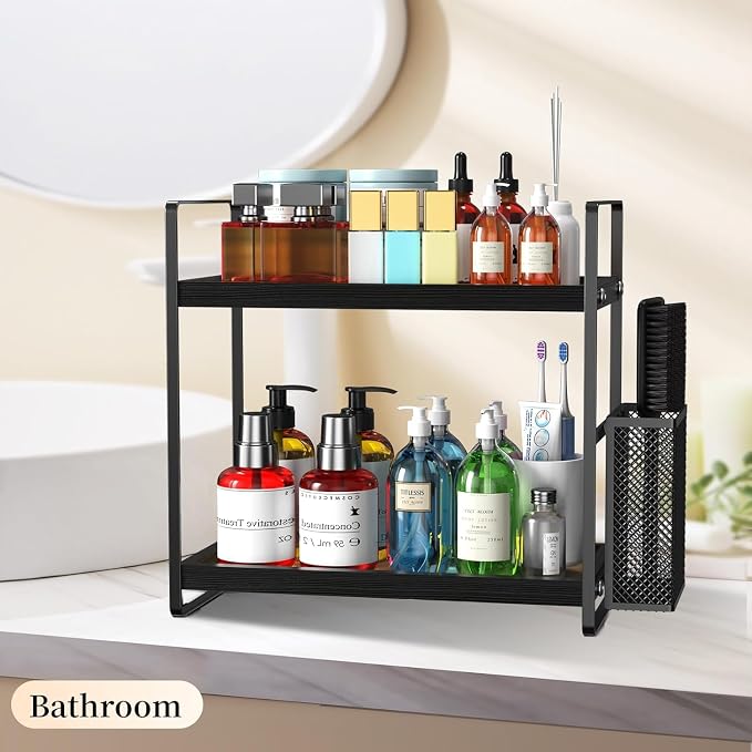 Bathroom Organizer Countertop, Counter Organizer for Bathroom Decor, Wooden Sink Shelf for Vanity Storage, Makeup Tray for Perfume Skincare Bedroom Kitchen Corner (Black)