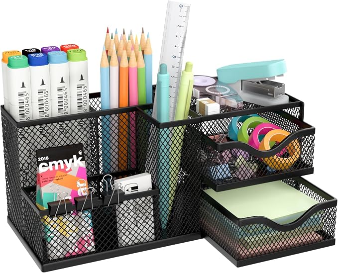 Mesh Desk Organizer with 2 Drawers and 5 Compartments, Pen Holder for Desk | Versatile Storage for Pens, Notes, Clips, Desk Accessories and Office Supplies for School Office Classroom