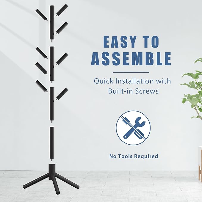 Haddockway Wooden Coat Rack Stand with 8 Hooks New Zealand Pine 3 Adjustable Coat Standing Tree Easy Assembly for Coats, Hats, Scarves and Handbags for Entryway, Hallway, Bedroom, Office,2 PCS