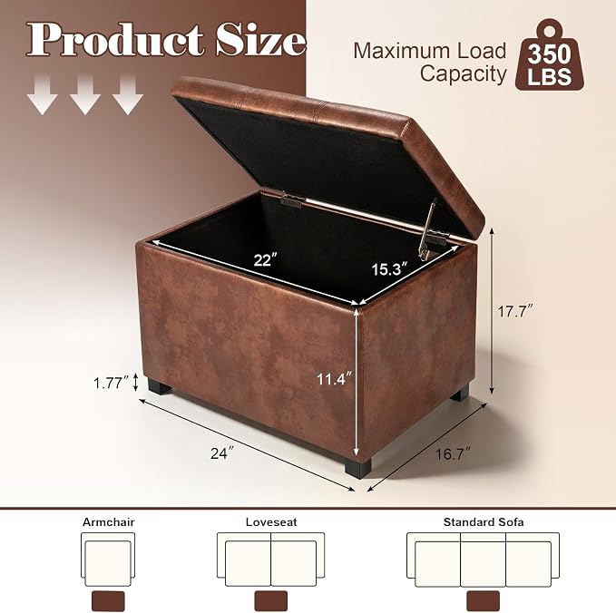 24" Leather Storage Ottoman Bench, Rectangle Foot Rest Stool for Living Room, Bedroom, Entryway, Coffee