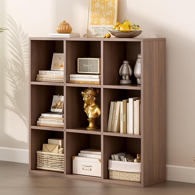 OSCHF 9-Cube Storage Shelf Bookcase, Walnut | Wooden 3-Tier Open Bookshelf, Fits 11×11" Bins, Vertical or Horizontal Use, Full Back Panels, For Home Office