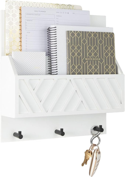 BLU MONACO | Wall Mount Key Holder with Mail Organizer | Wooden Command Center with 3 Hooks and 2-Tier Letter Pockets | Entryway Mail Sorter & Key Rack | White Geometric Wall Organizer for Office Home