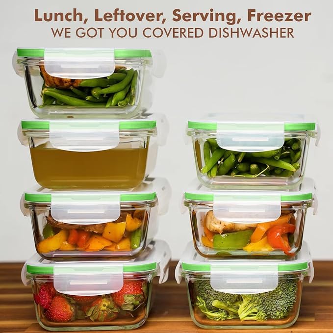 Razab 16 Pc (Set of 8) 30 Oz Glass Meal Prep Containers with Lids, Airtight Large Glass Food Storage Containers, Reusable Leak Proof BPA Free, Freezer to Oven and Dishwasher Safe