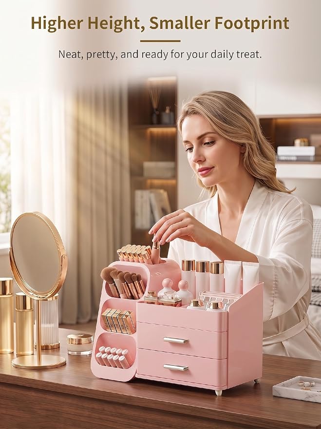 Booklov Large Makeup Organizer for Vanity Countertop, Pink | Plastic Cosmetic Display Case with Drawers, Beauty Brush Holder for Bathroom Counter, Skin Care Perfumes Storage