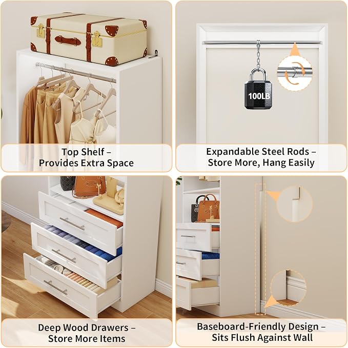 Closet System with 4 Sets, 8FT-21FT Customizable Closet Organizer System with 12 Drawers &4 Shelves & 8 Hanging Rods, Freestanding Closet Storage System, Modular Tower L-Shaped Walk-in Closet, White