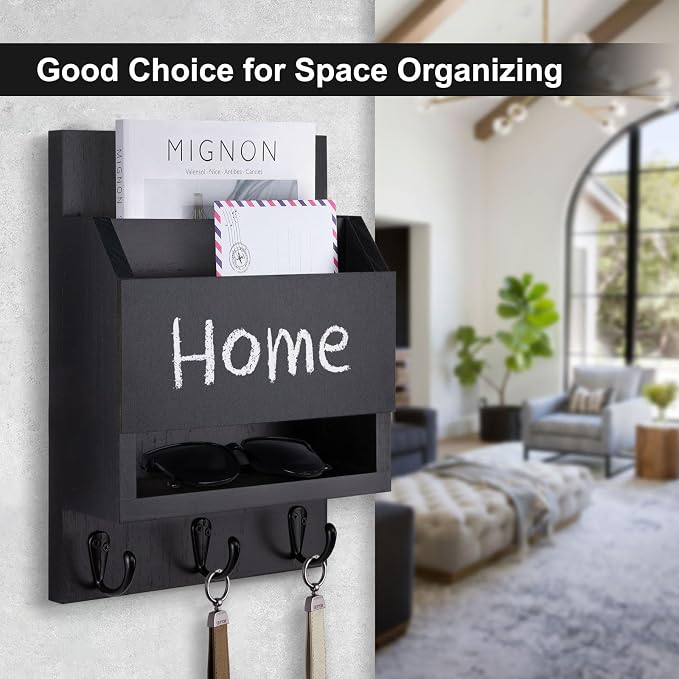 Key and Mail Holder for Wall, Key Holder with Chalkboard and Long Storage Box, Key Hanger with 3 Sturdy Hooks for Coat, Dog Leash, Entryway Mail Organizer (Black)