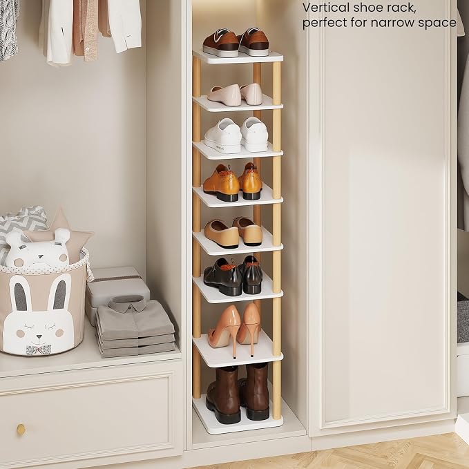8 Tiers Vertical Shoe Rack, Tall Narrow Shoe Tower, Corner Shoe Rack, White | Small Shoe Organizer for Entryway, Closet, Dorm & Small Spaces, Freestanding Wooden Shoe Shelf for Boots, Sneakers, Heels.