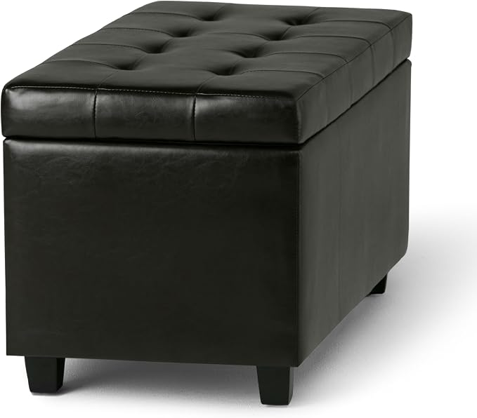 SIMPLIHOME Dover 36" Wide Vegan Leather Storage Ottoman in Distressed Black | Tanners brown, transitional storage ottoman with tufting and lift-up lid; rectangle storage bench for living room.