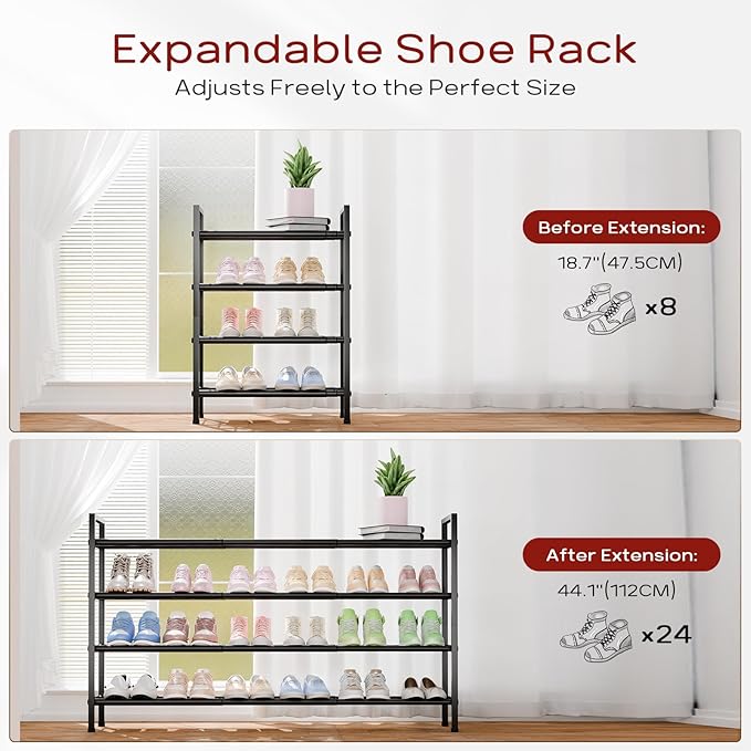 Bumusty 4 Tier Long Expandable Shoe Rack for Closet, Black | 18"-44" Adjustable Shoe Rack for Entryway, Shoe Organizer for Dorm, Front Door, Sturdy Metal