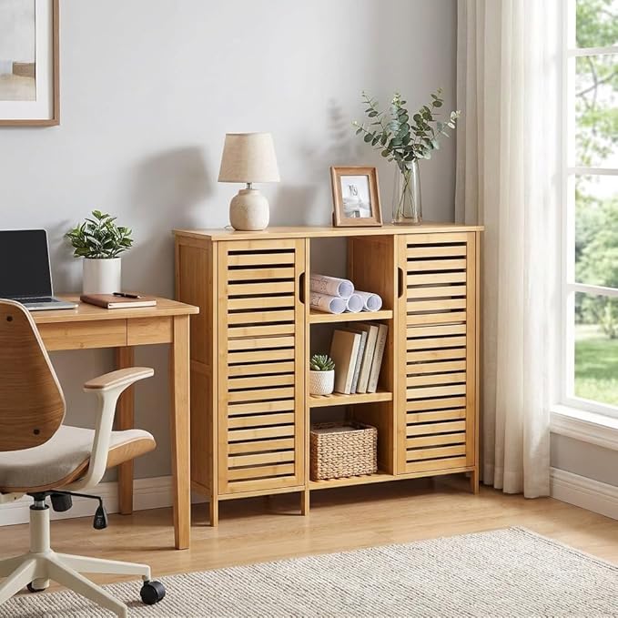 RoyalHouse Bamboo Floor Cabinet with 2 Shutter Doors and 3 Open Shelves, Freestanding Organizer for Bathroom, Kitchen, Living Room, Eco-Friendly and Durable, Brown