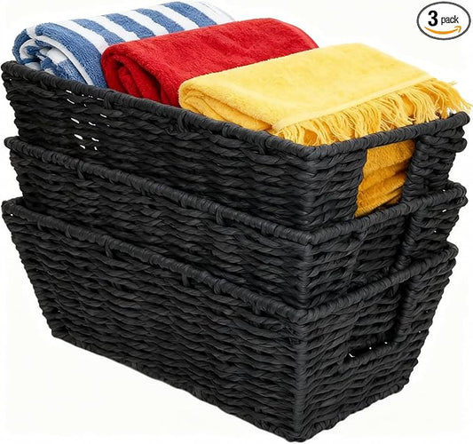 Paper Rope Storage Baskets for Shelves Organizing, Small Hand Woven Wicker Organizer Basket with Handle for Bathroom Toilet Paper Storage, Black, 3-Pack