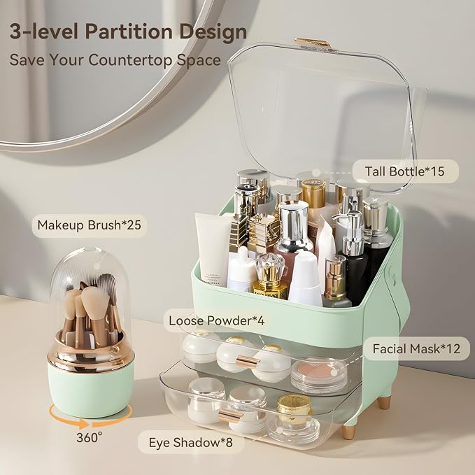 Makeup Organizer for Vanity with Brush Holder, Lid and 2 Drawers, Green | Large Capacity Bathroom Counter Organizer for Skincare, Cosmetic Storage, Dustproof, Waterproof, Teen Girl Gifts