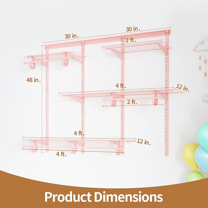 PROWORX 4-6 Ft. Pink Custom Insert Wire Closet Organizer System Kit | Adjustable Wall Mounted Metal Wire Closet Shelving System, Closet Shelves with Hanging Rods for Pantry Laundry Mudroom