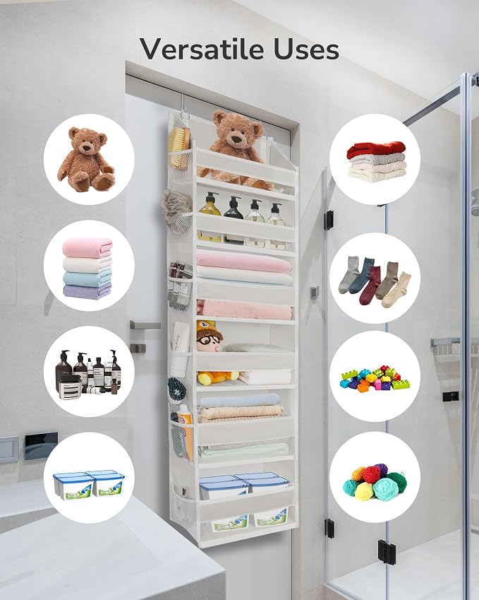 ULG Over The Door Organizer with 6 Large Pockets 12 Side Pockets, 50lbs Weight Capacity Door Hanging Organizer for Bedroom, Bathroom, Pantry, Nursery Storage, Beige