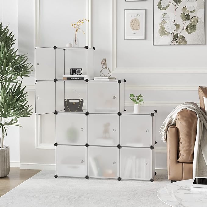 C&AHOME 9-Cube Storage Organizer with Door Cube Shelf Closet Cabinet White | DIY Plastic Modular Bookshelf, Stackable Clothes Storage Shelving Ideal for Home, Bedroom, 36.6”L x 12.4”W x 36.6”H