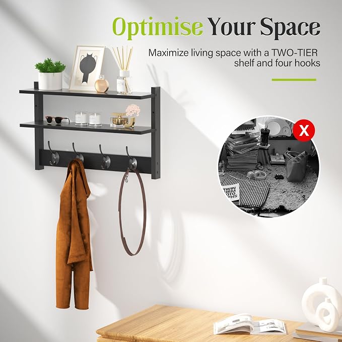 Two-Tier Wall Shelf with Hooks, 17" Coat Rack Wall Mount with Shelf, Entryway Key Hooks for Wall with Heavy Duty Double Hooks, Coat Hook Wall Mounted for Bedroom, Living Room, Black