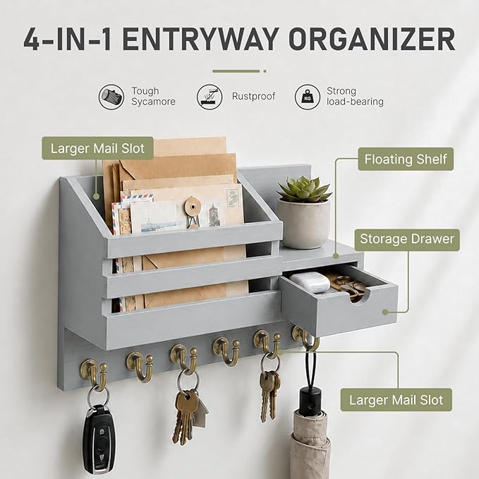 FifthQuarter Key Holder for Wall with Storage Drawer and 6 Sturdy Hooks | Wooden Entryway Organizer and Decorative, Easy Installation