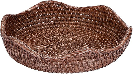 Hipiwe Decorative Key Bowl 8.5" Round Basket Bowl Handwoven Rattan Basket | Wicker Storage Basket Decorative Basket for Entryway Coffee Table Livingroom Fruit Bread Serving Tray, Brown