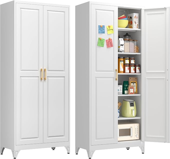 Polup 75" Pantry Cabinet, Tall Metal Storage Cabinet with Doors and Shelves | White Kitchen Cabinet, 5 Adjustable Shelving, Heavy-Duty Steel, Gold Handles, 4 Standing Feet, for Garage Office & Laundry