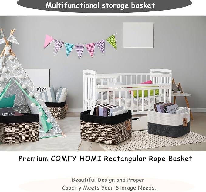 COMFY-HOMI 3PACK Cotton Rope Square Basket with Handles for Shelves|Dog Toy Bin and Storage|Baby Gift|Shoe Organizer|New 13.5" x 11" x 9.5" for Living Room (Black/Jute)