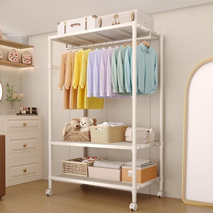 3 Tier Clothes Rack with Wheels and Adjustable Shelves & Hanging Rod Heavy Duty Garment Rack Wardrobe Closet for Hanging Clothes 45.28L*17.72W*70.24H Gray