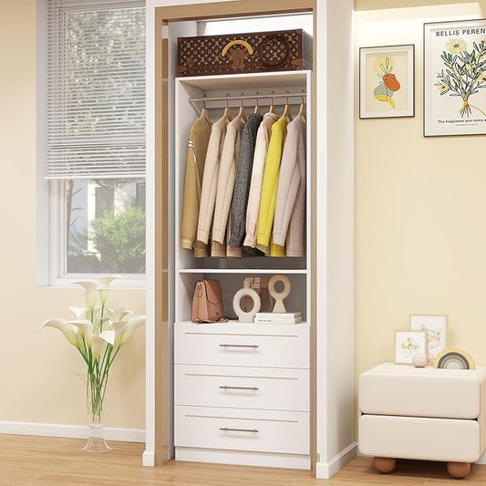 Dilando Closet System with Drawers, 2FT-5FT Closet Organizer System Walk-in Closet Corner Small Freestanding Closets Storage System with 2 Hanging Rods & Shelf White (2FT)