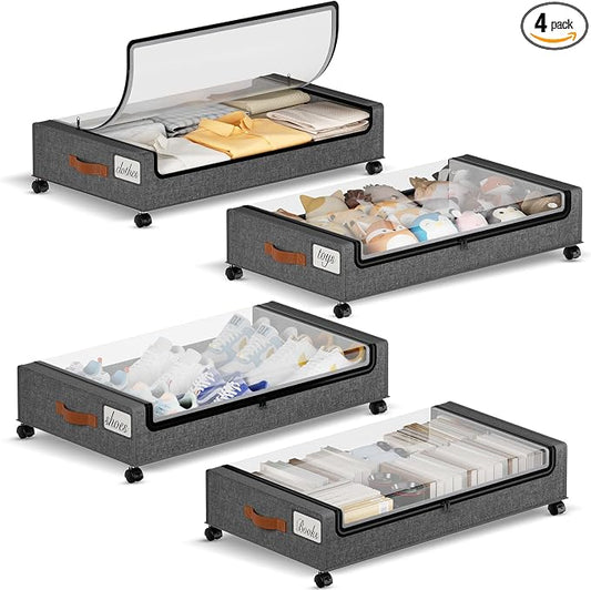 Yecaye Under Bed Storage with Wheels, 4 Pack Under the Bed Storage Containers with Lids & Label, XXL 60 L Rolling Underbed Storage Drawers for Clothes, Blankets, Shoes, Hemp Gray