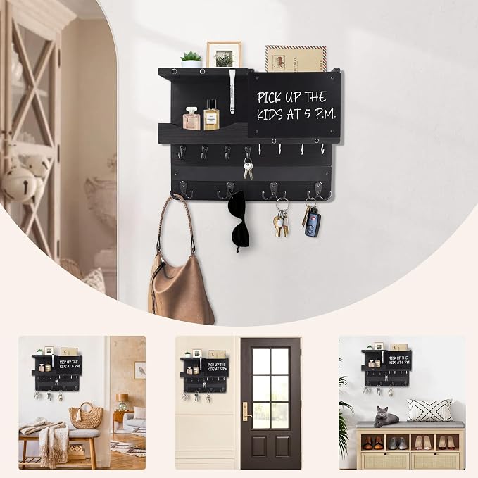 Key Holder for Wall Mount with Shelf and Mail Organizer, Key and Mail Holder with 16 Hooks, Farmhouse Entryway Organizer, Home Decor Rack (Pine Wood, Black)
