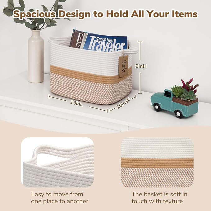 Goodpick Small Woven Rope Storage Basket, White & Camel Mix | 13 × 10 × 9 in, Cotton Rope, Reinforced Handles, Dog Toys, Books & Magazines Storage, Home Decor