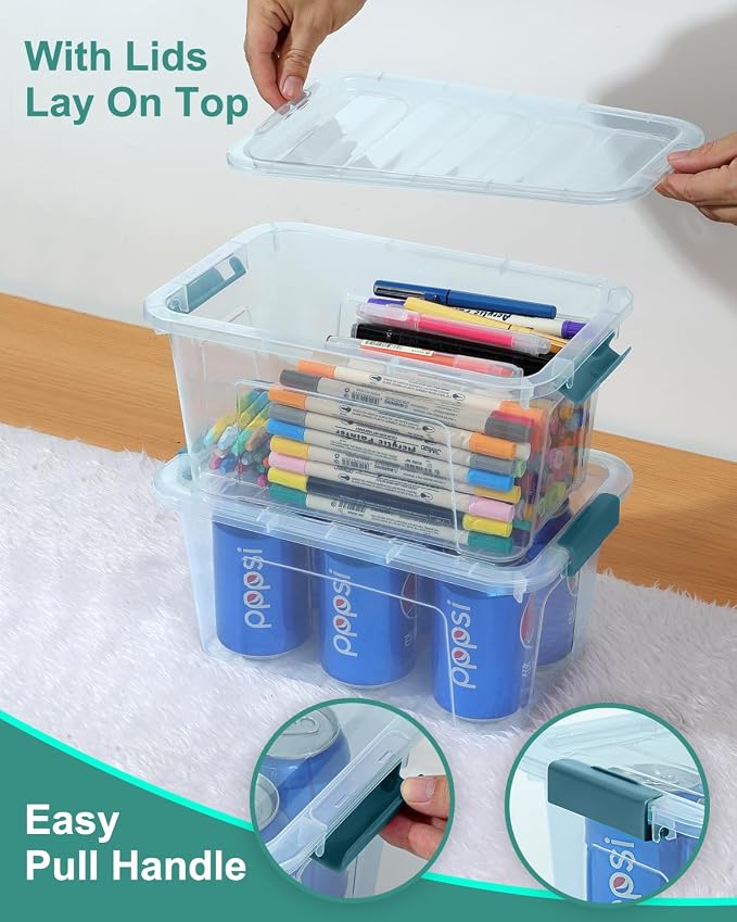 Storage Bins with Lids 6 Pack Clear Storage Containers, 7 Quart Stackable Plastic Containers with Secure Buckle Latch, Durable Storage Box Organizer for Pantry, Closet, Office & Classroom, Blue